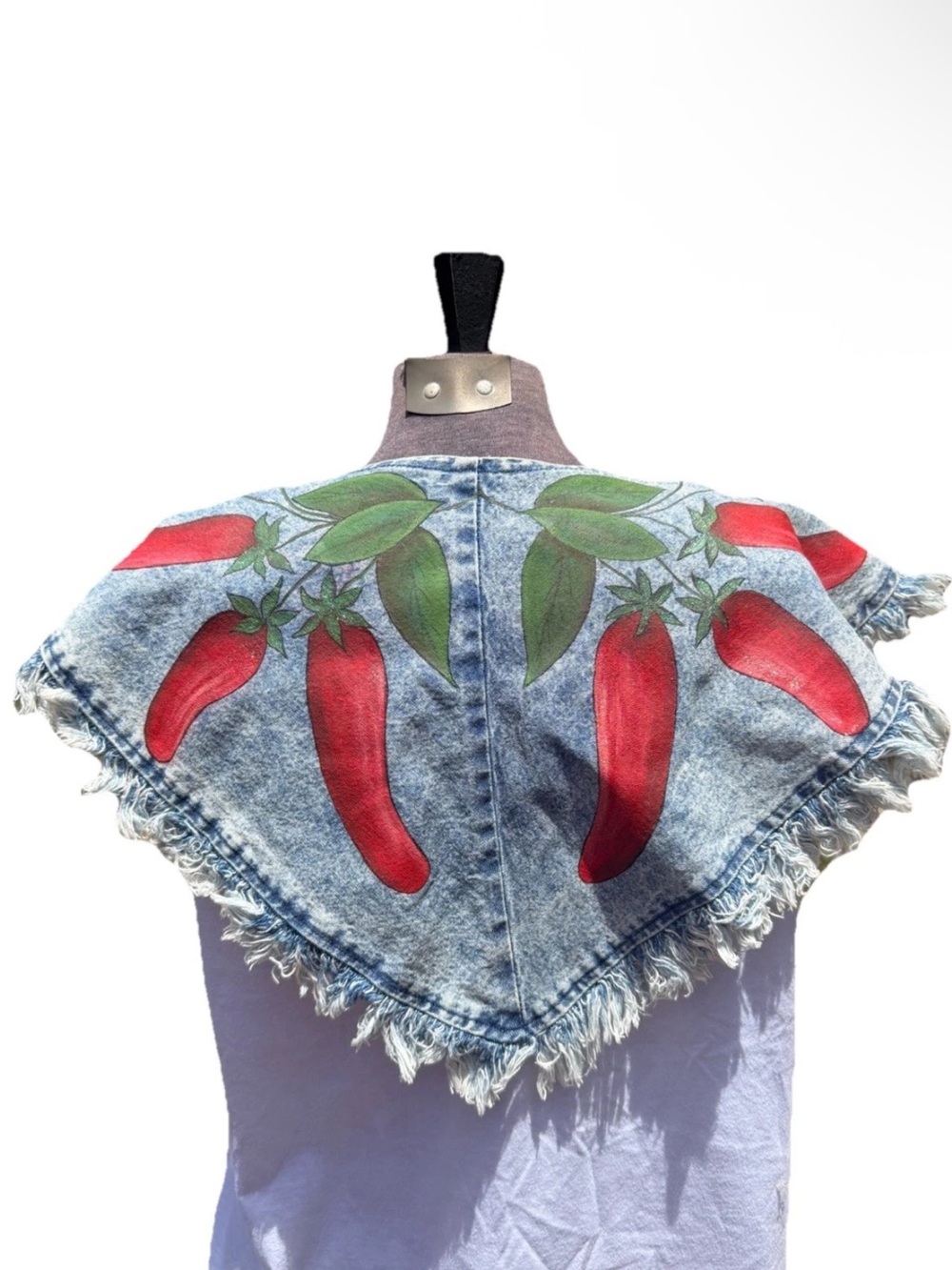 Vtg 80s Hand Painted Red Chili Peppers Acid Wash Denim Scarf Wooden Clasp  Boho